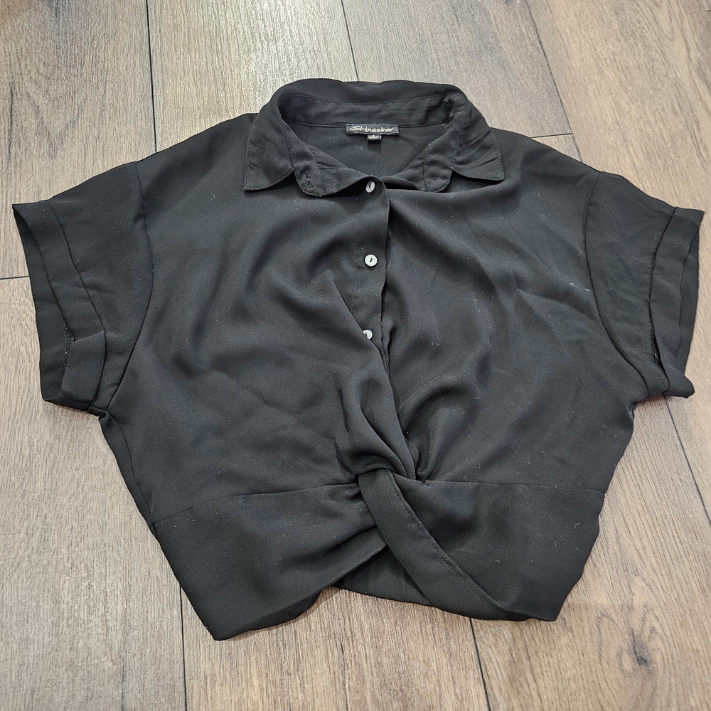 Shinestar Black Button Up Cropped Twist Front Blouse Size Small